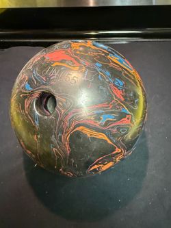 Vintage 1960s MCM marble swirl, bowling ball and black vinyl carrying bag set