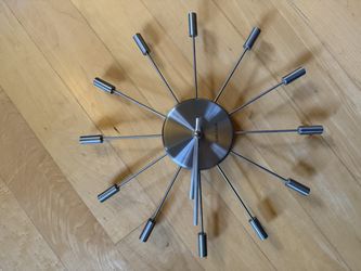 Karlsson Atomic Starburst Wall Clock – 13” Brushed Metal – Mid Century Modern