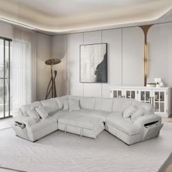 RIGHT HAND FACING Cuddler Corduroy Fabric Upholstered HALF U-Shaped Sectional Sofa with Pull Out Bed and Armrest Storage w/ Cup Holder + USB and 6 Thr