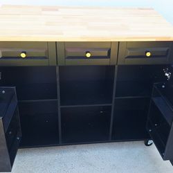 Rolling Kitchen Island with Drop Leaf, Cabinet Door Storage Racks & 3 Drawers, Mobile Kitchen Cart with Rubberwood Top & Locking Wheels for Dining Roo