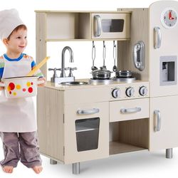 Kids Kitchen Playset, Preschool Cooking Kitchen, Toddler Wooden Pretend Play Toy w/Fridge, Stove, Cookware Utensil, Phone, Clock, Water Dispenser, Cab