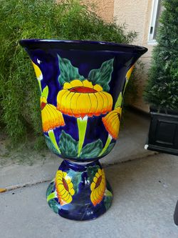 2 Outdoor pottery Sunflower ceramic planters Spanish Mexican style