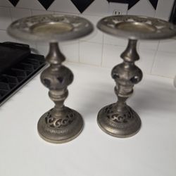 Vintage Ornate Metal Pillars Art Deco Candle Holders 11' Tall Set Made In India