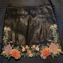 Embroidered Faux Leather Skirt