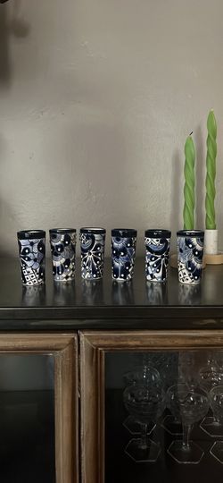 Ceramic blue and white shot glasses