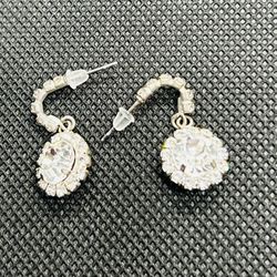 Silver Tone Dangle Drop Earrings w/ Clear Stones 