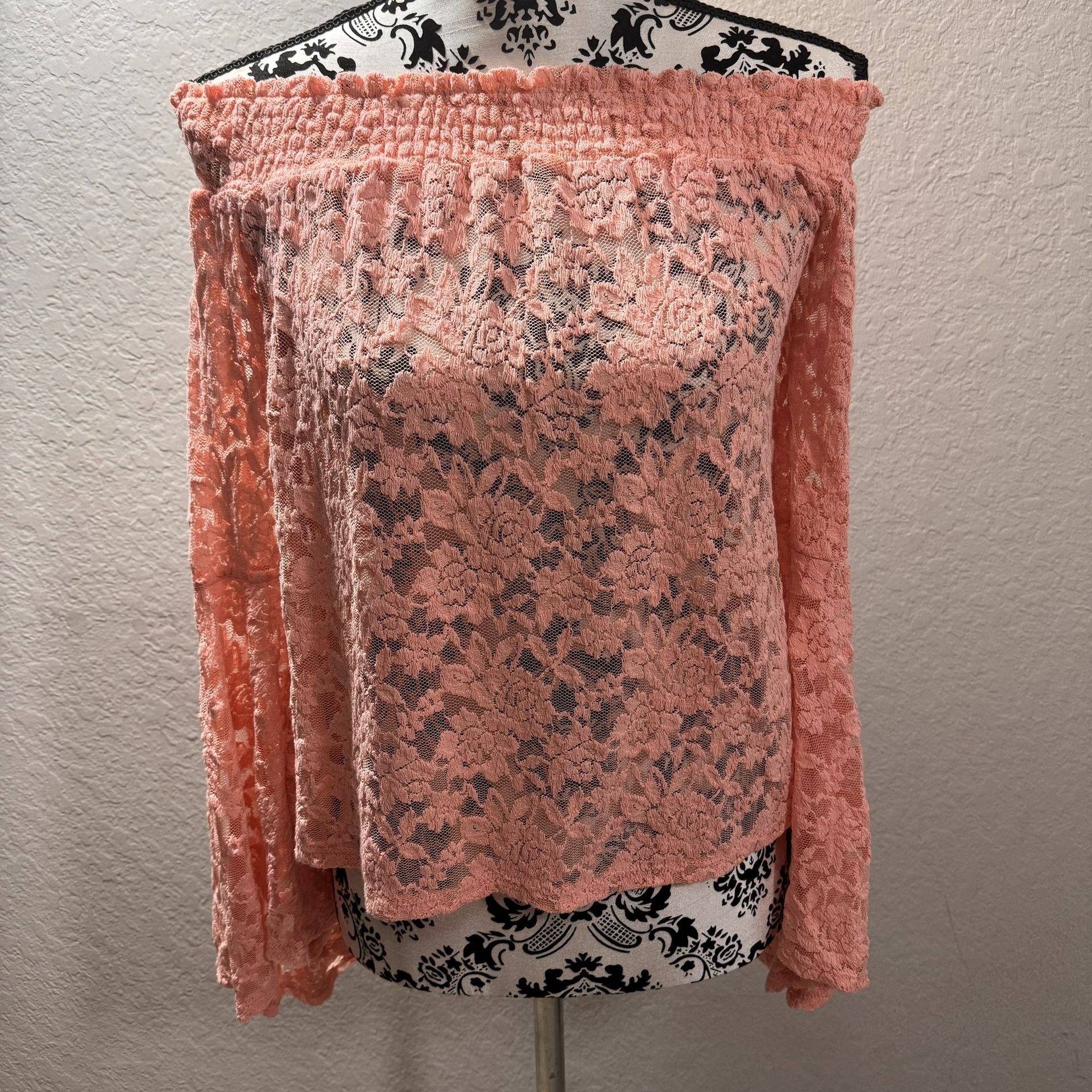 Moa Moa Women’s Lace Top Off the Shoulder Size S Bell Sleeve Coral