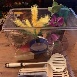 Plastic Tank Containing An Assortment Of Pet Supplies / Accessories 