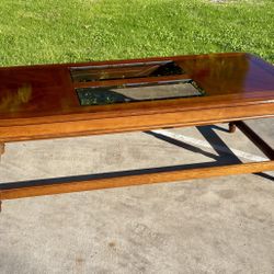 Mid Century Modern Ornate Glass And Wood Coffee Table.
