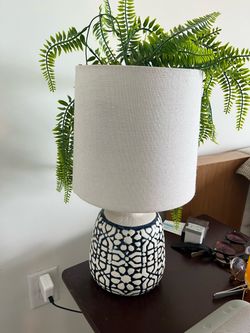 Ceramic Table Lamp - Navy & White Crackle Pattern, Linen Shade