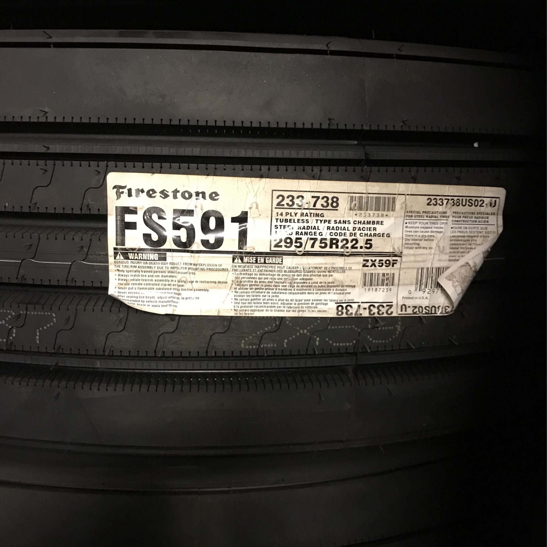 295/75r22.5 Firestone Steer  295 75 R 22.5 Fs591 Fs509 