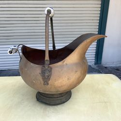 Antique Brass Coal Bucket Porcelain Handles Lion Heads