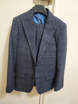Navy Blue Plaid Suit Jacket Size with pants