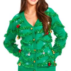 WOMEN'S GAUDY GARLAND UGLY CHRISTMAS CARDIGAN SWEATER