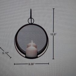 Set of 2 .  Porto black round iron pillar candle sconce with mirror