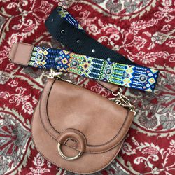 Unsed ALDO small INDIAN BEADED ARTISTIC WIDE crossbody strap GOLD tan leather 