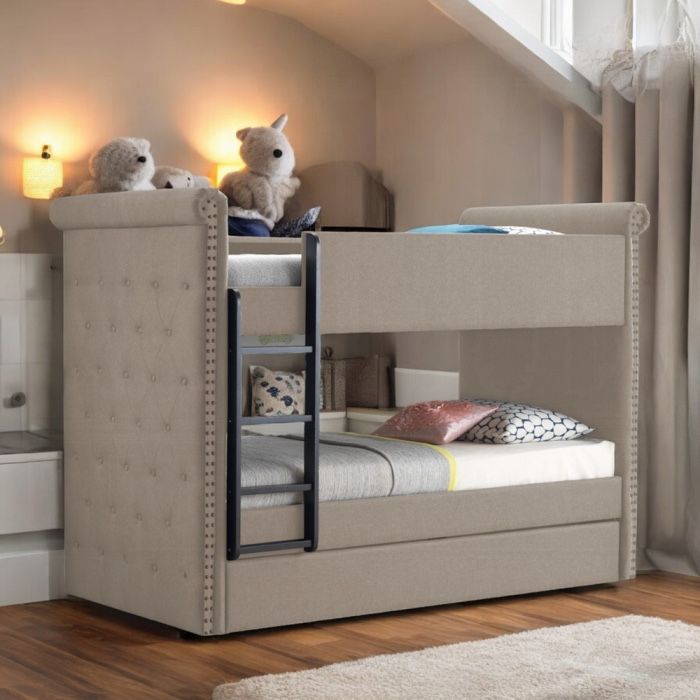 Triple Twin Glam Tufted Bunk Bed With Trundle Use As Storage Or As Bed