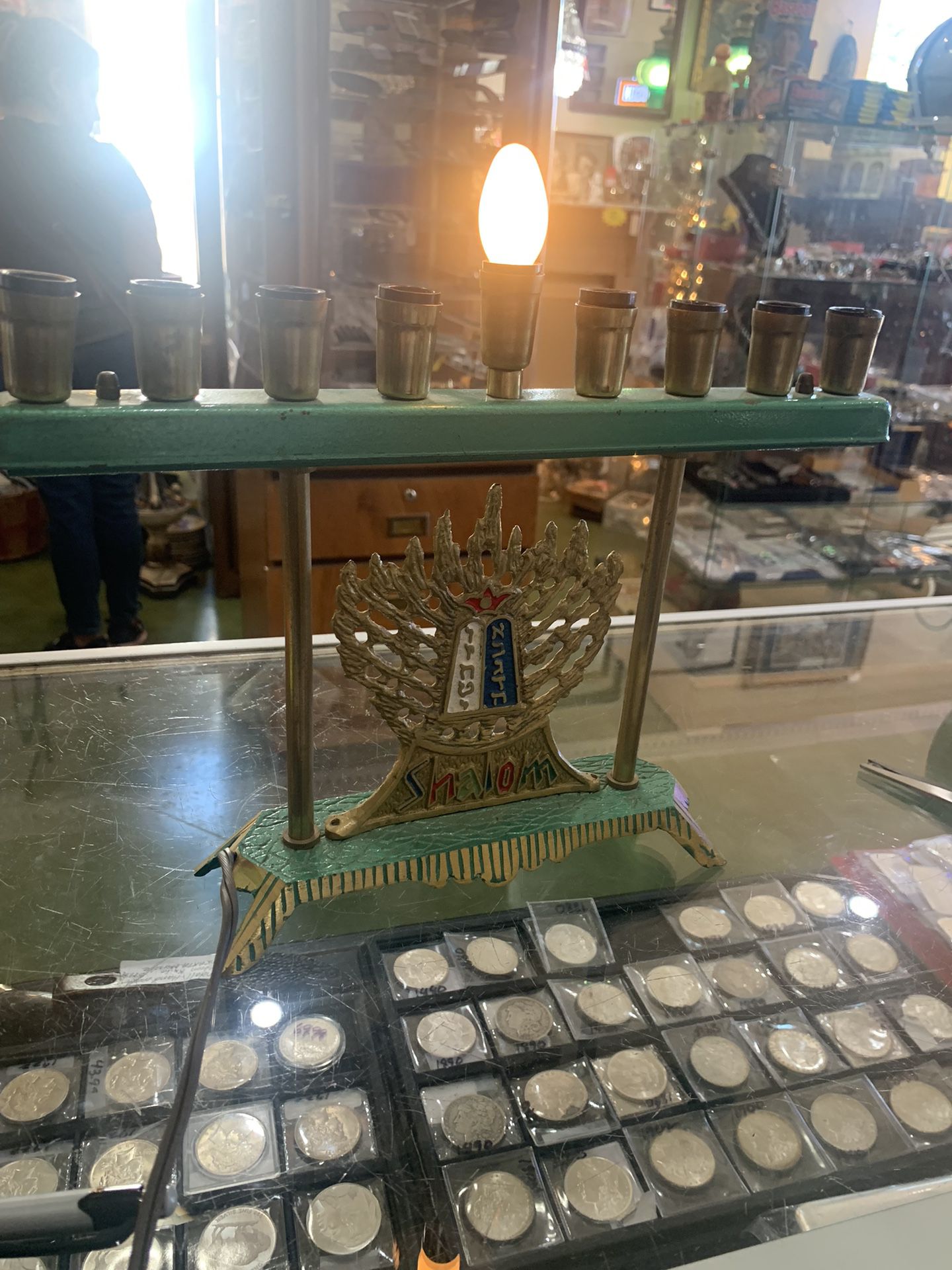 13x10 vintage MENORAH lights up  35.00.  Johanna at Antiques and More. Located at 316b Main Street Buda. Antiques vintage retro furniture collectibles