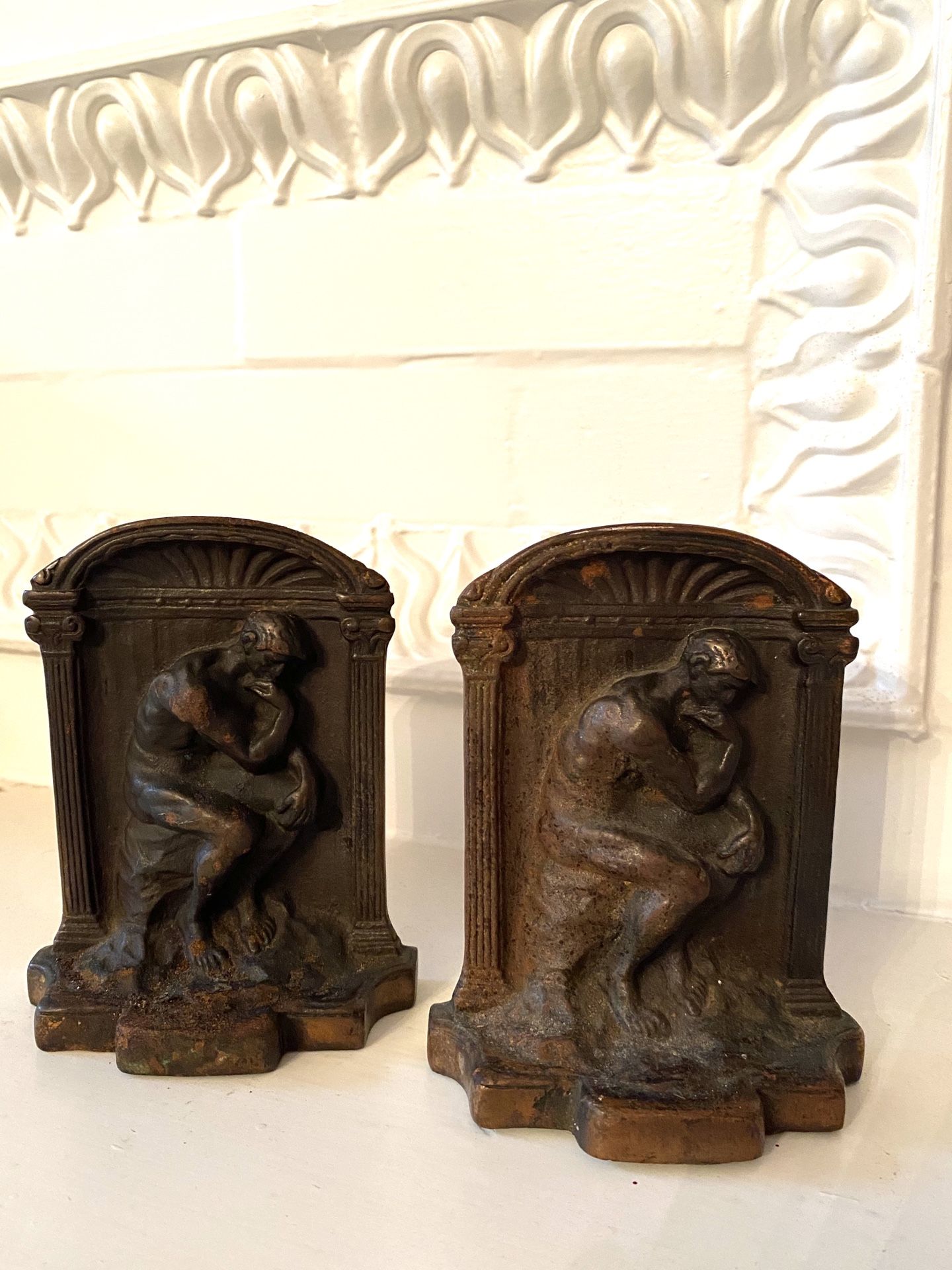 Antique Art Nouveau Rodin's The Thinker Cast Iron Bronze Finish Bookends