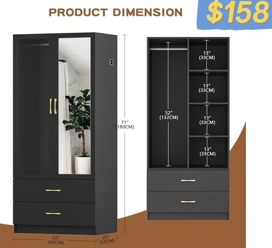 😀 Lvifur LED Storage Cupboard, Wardrobe with Clothes Rails and 2 Drawers, Wardrobe Closet with Mirror, Bedroom Cabinet with LED Light and Human Senso