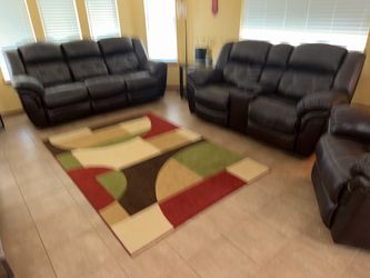 Dark Brown Leather Reclining Sofa Set – 3 Pieces
