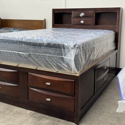 BRAND NEW Queen Wooden Platform Bed with 8 Drawers Storage, Headboard with Built In Shelves, Deep Drawers 