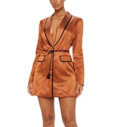 PrettyLittleThing Rust Satin Blazer Dress Rope Belt Contrast Piping US 8 
