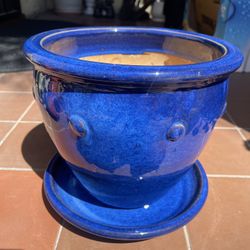 Allen + Roth  Blue Glazd Flower Pot With Dish