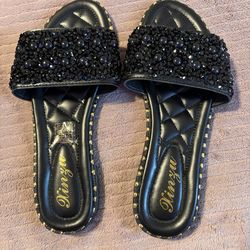 Black Rhinestone Slide Sandals – $10