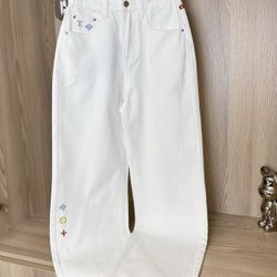 Louis Vuitton new rainbow LV embroidered letters white denim straight pants 30