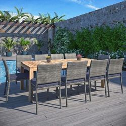 *BRAND NEW* OPEN BOX 11 Pieces Rectangular 100% FSC Certified Solid Wood and Stackable wicker Chairs Outdoor Furniture Dining Set