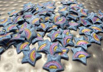 15 Iron-on Star Patches-Blue with Pastel Rainbow