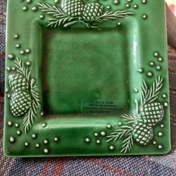 Square Green Ceramic Plate Embossed Pinecones Made Italy Candle Holder Christmas