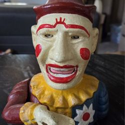 Vintage Cast Iron Mechanical Clown jester COIN Bank WORKING vibrant colors & creepy horror 1900s