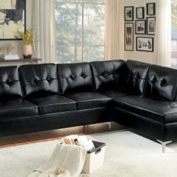 Brand New 109" x 80" Black Faux Leather Sectional + Ottoman