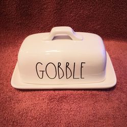 New Rae Dunn white ceramic GOBBLE butter dish holder
