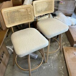 Zesthouse 26.2" Rattan Counter Stools Set of 2, Swivel Sherpa Counter Height Bar Stools with Cane Back and Wooden Legs, Mid Century Barstools for Kitc