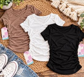 Girls 3 Pack Ruched V Neck T Shirts Size 9-10 Black White Brown NWT