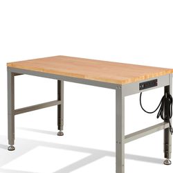  48" Workbench Adjustable Height, Oak Wood Work Table with Power Outlets, Max 2000 LBS, Heavy Duty Work Bench for Garage Party Shop Office Home(Grey 4