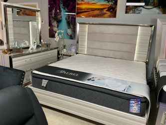 Gorgeous 5 Pc Bedroom Set With Built LED Lights In Headboard Dresser  And Free Mattress Only $1799