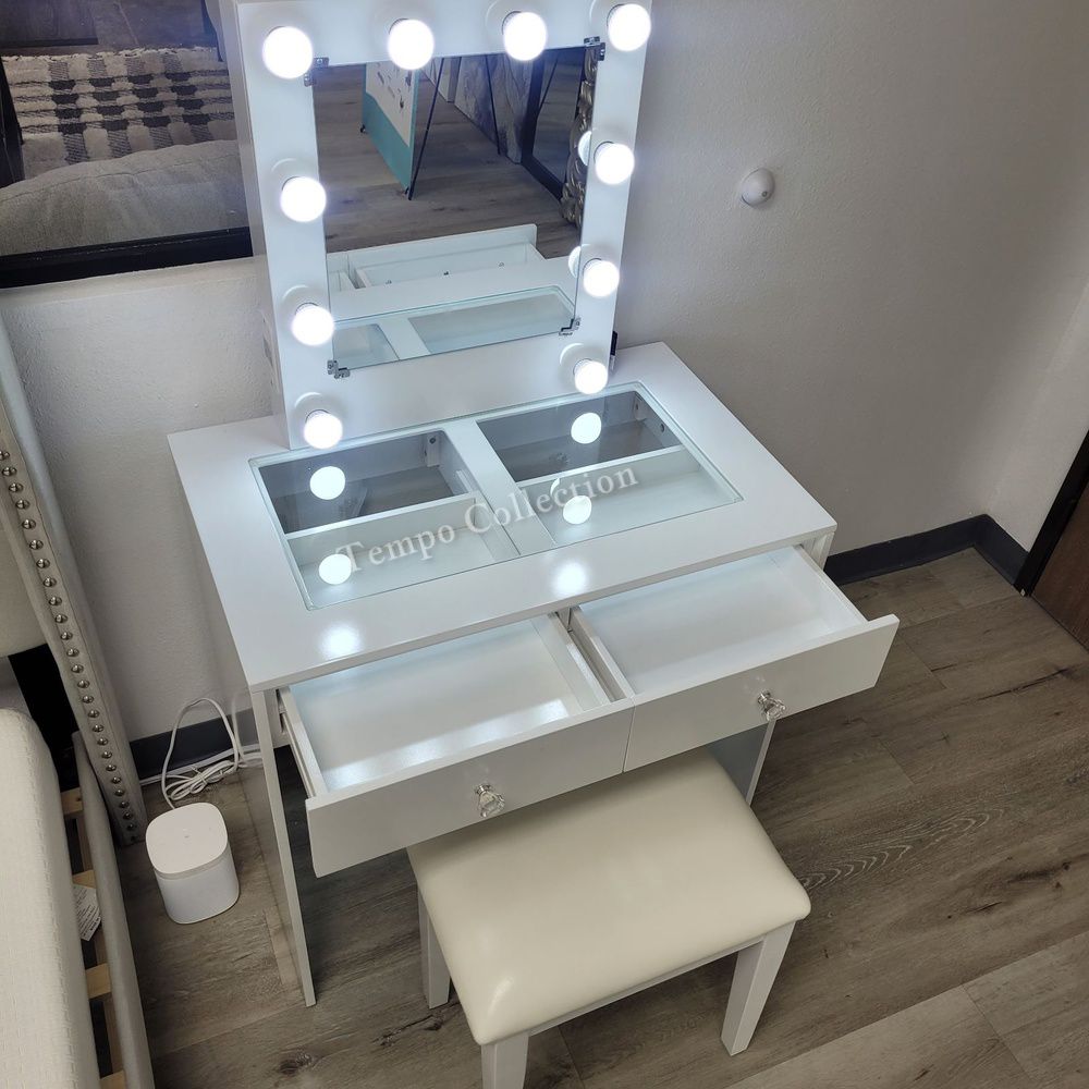 White Makeup Vanity With 10 Lights and USB and Power Outlet And Stool, White Color, SKU#10HM7878WH-15