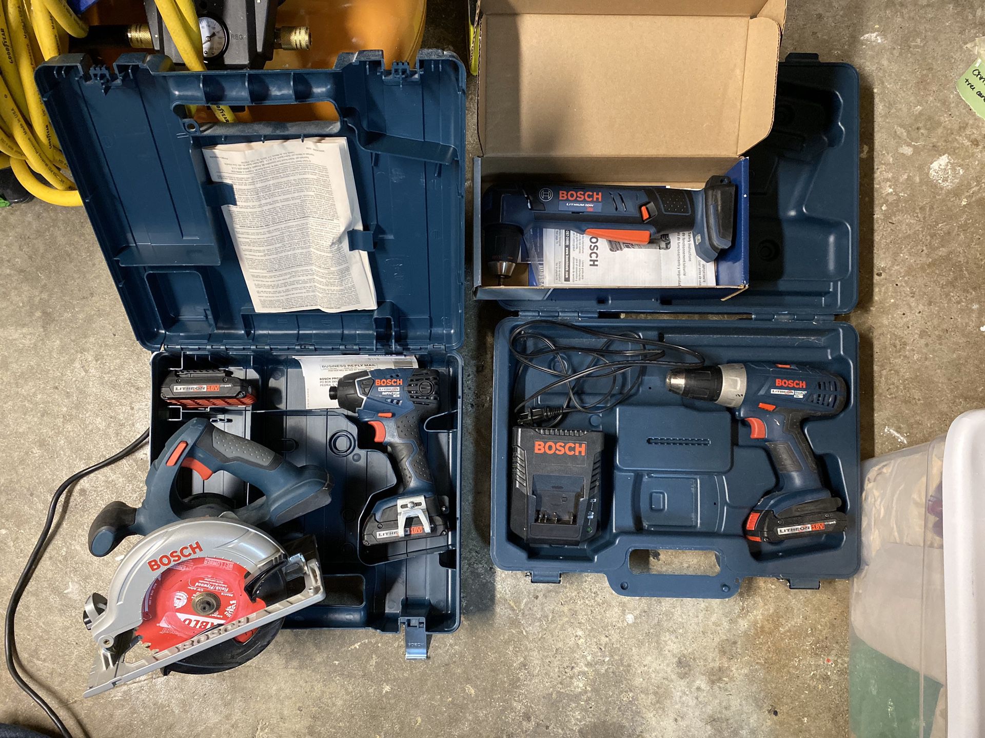 Bosch 18V litheon tools (drill, impact driver, right angle drill, and circular saw)