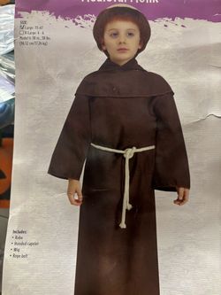 New, kids Monk Costume size 3t-4t includes Robe, Hooded Capelet, wig and rope belt
