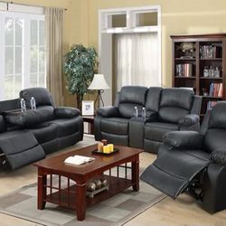 Black Leather Fully Reclining Three Piece Couch Set 