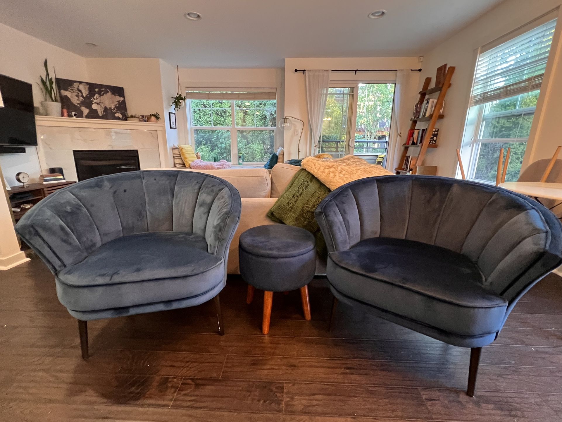 Blue Velvet Chairs + Storage Ottoman