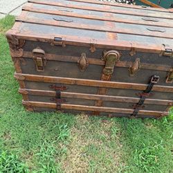 Large Antique Steamer Trunk – Wood Slats & Metal Hardware