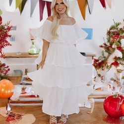 LULUS Dress Gala Ready White Off-the-Shoulder Pleated Ruffles Midi Dress SMALL