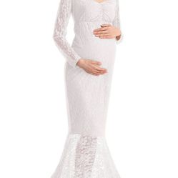 Women Mermaid Maternity Lace Dress V-Neck Off Shoulder Photo Shoot Gown XL