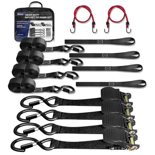 Heavy Duty 1" x 15' Ratchet Straps (4 Pack) - 2200 lb Break Strength with Soft Loops & Coated S-Hooks for Truck, Trailer, Motorcycle, ATV, UTV, Boat, 