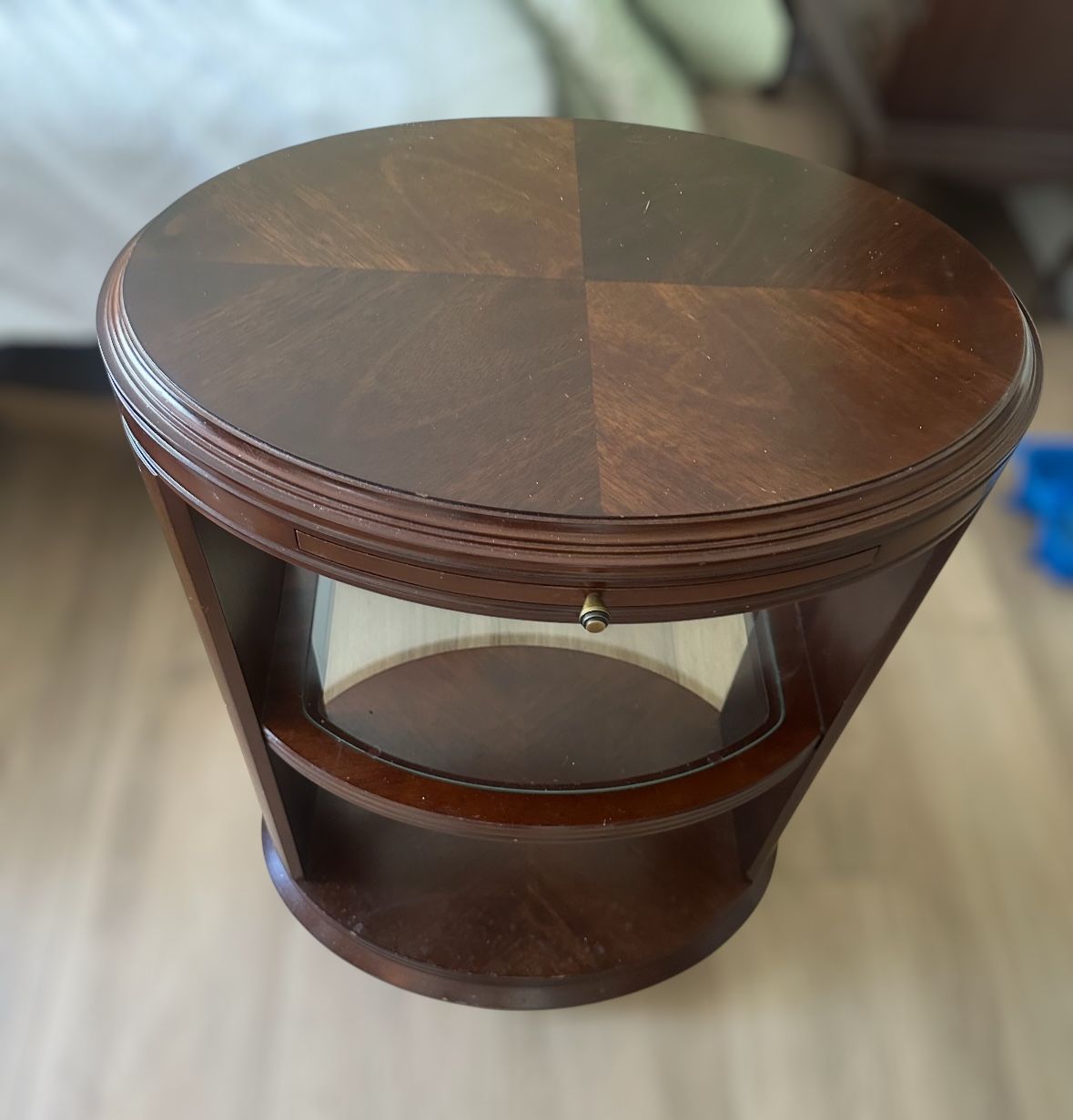 2 BOMBAY CO. Accent End Tables with Oval-Shape, 3 Tiers, and Wood & Glass